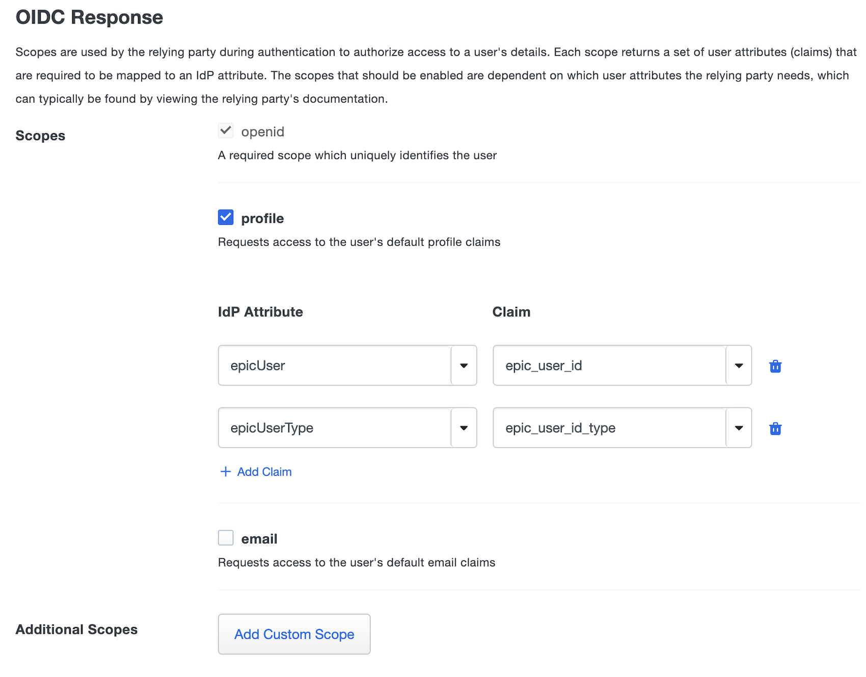 Configure default scopes and claims
