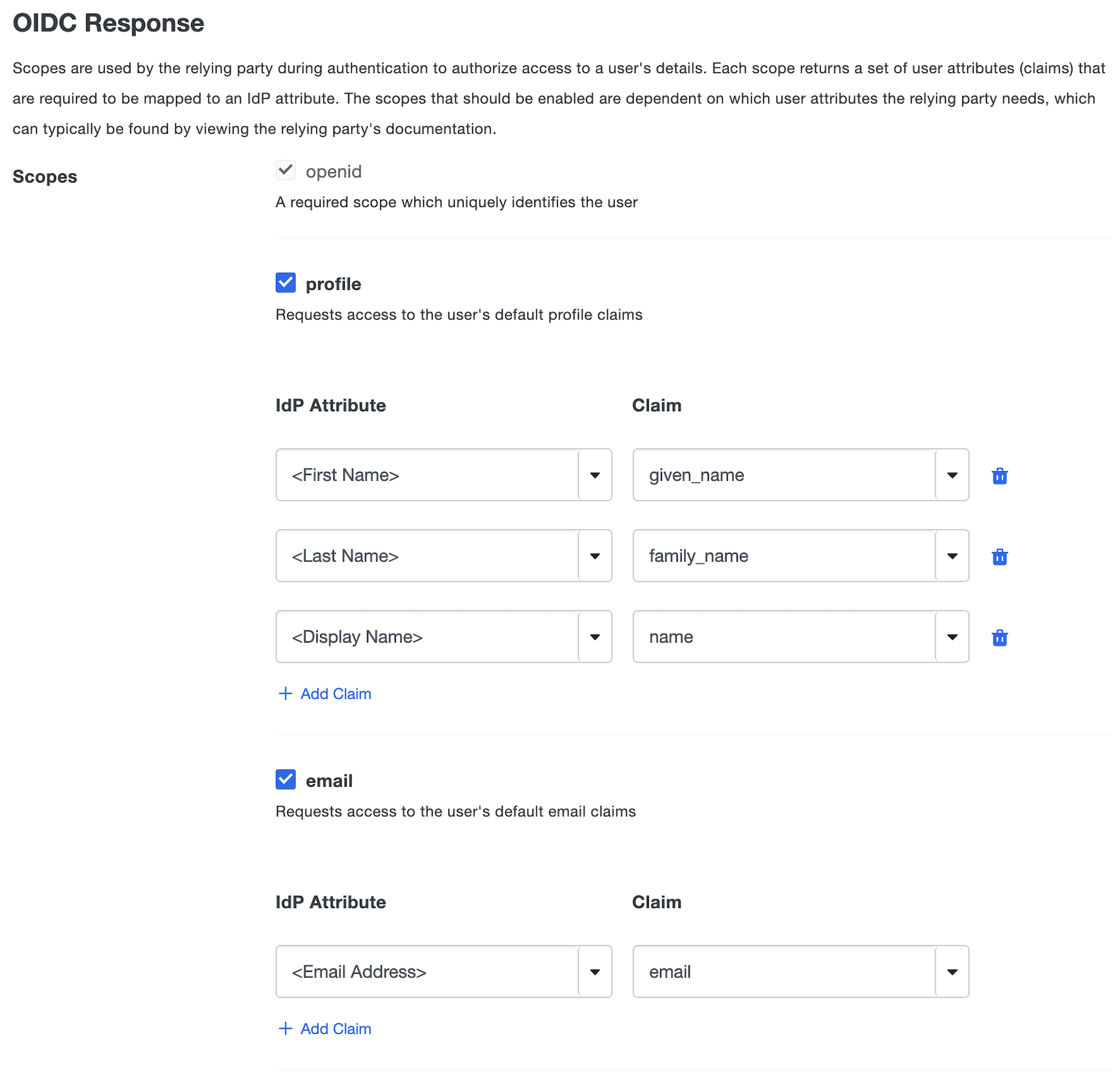 Configure default scopes and claims